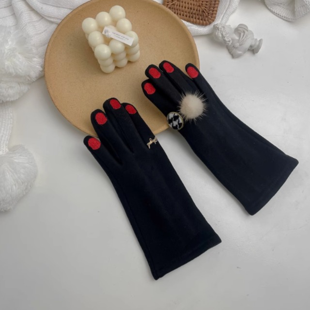 【国内即納】ネイルステッチ＋リングデコレーション 手袋・ニットグローブ（スマホ操作OK）ブラック/レッド FK00071