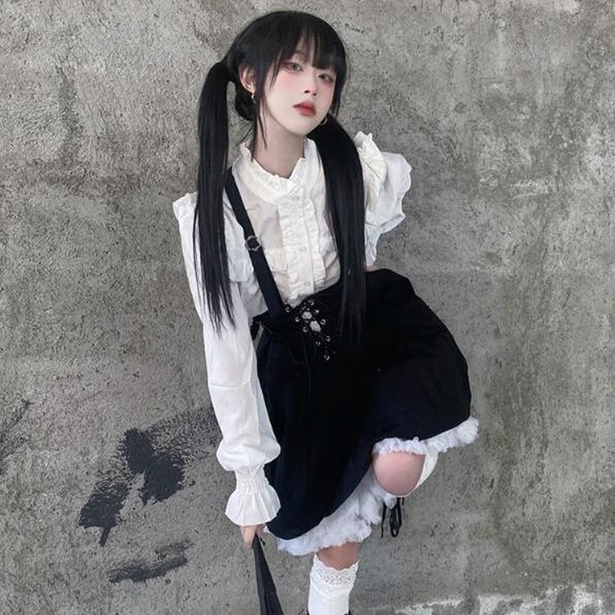 サスペンダースカート ハイウエスト 編上げ ゴスロリ JK ストリート系