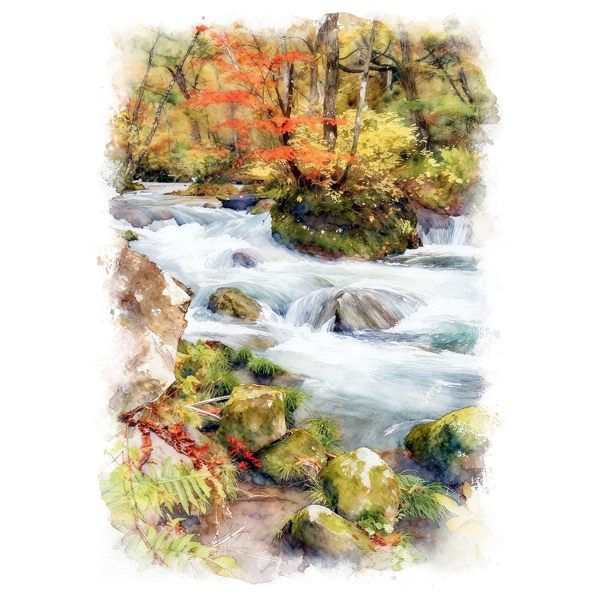 絵画(風景画) 日本 秋の奥入瀬渓流 インテリアアート額付き 水彩画