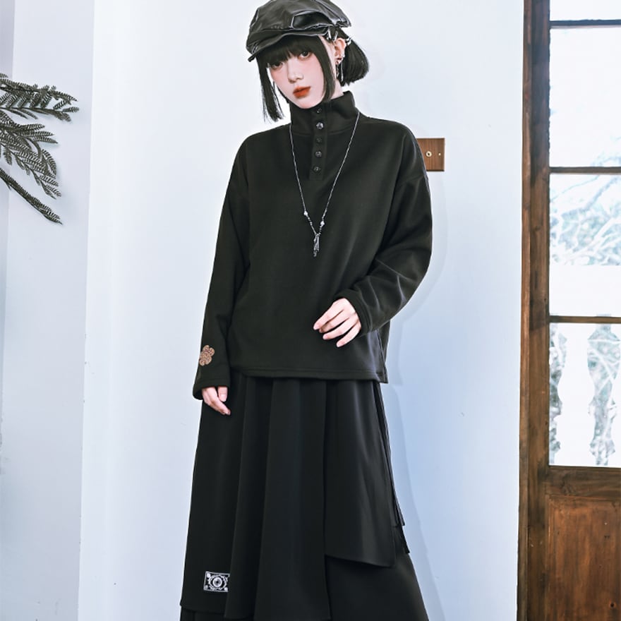 サブカル系中華 ハイネック コットン 長袖シャツ 大人ゴシック