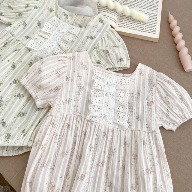 【BABY】ローズレーススクエアネック小花柄半袖ロンパース - 5