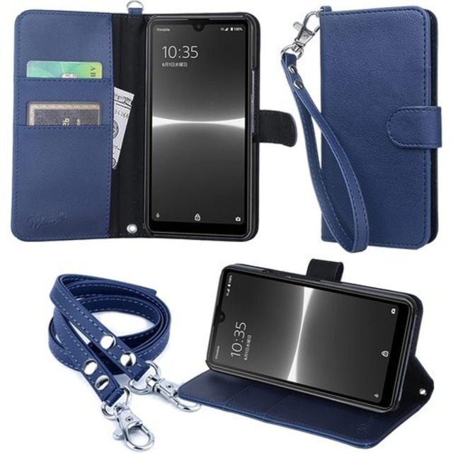 wisers Xperia ACE III ケース カバー 手帳型 SO-53C / SOG08 / A203SO スマホケース ダークブルー 牛革調PUレザー カードホルダー/スタンド機能付 ストラップ 2種付 ハンドストラップ/ネックストラップ カード収納 1278