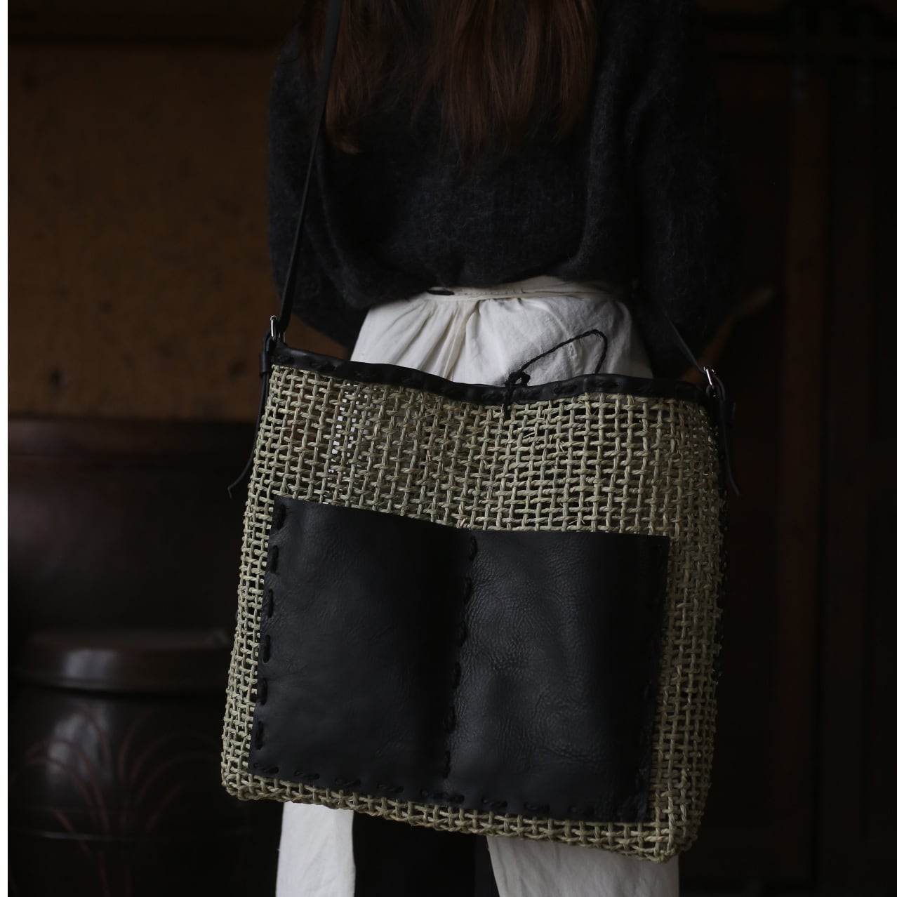 【未使用品＊】須浪亨商店 いかごバッグ　レザーハンドル（ブラック） 須浪亨商店 | くらしのギャラリー杜の街グレース店