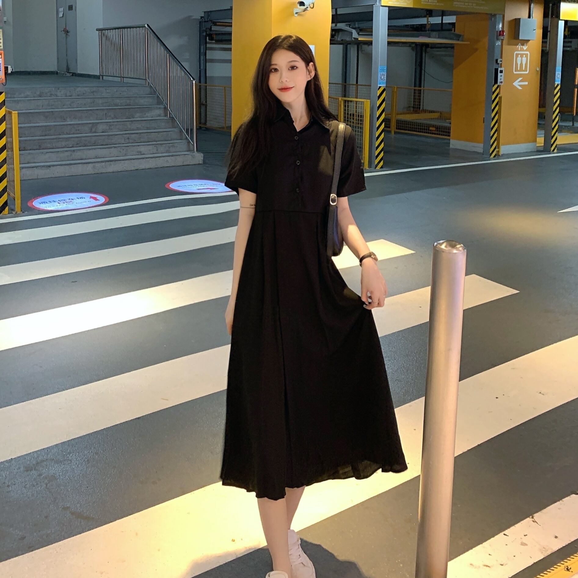 スタイルカラーウェストロングスカート 半袖スリーブブラックドレス サマー ショート ハーフスリーブ 夏物 ピュア ドラファッションホール12934930916