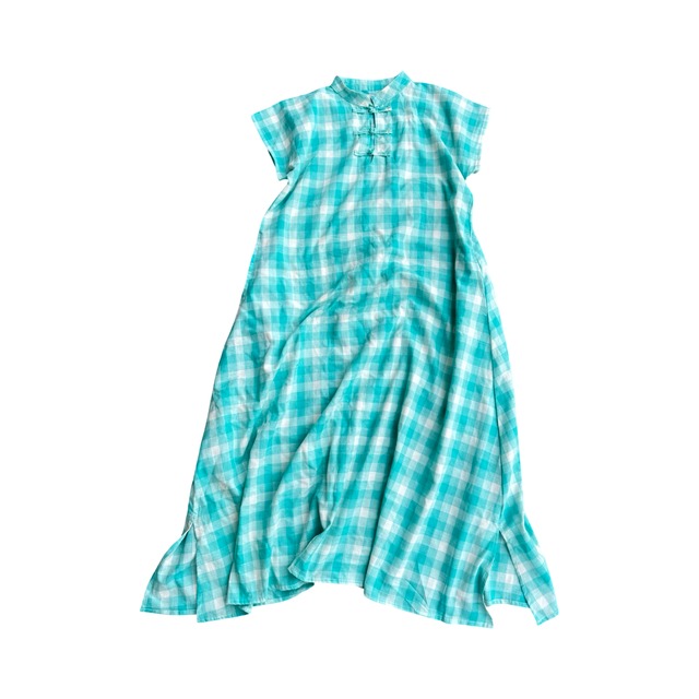 saruche 南インドカディコットン チェックのハイネックチャイニーズボタンクルタ　 Mint Green