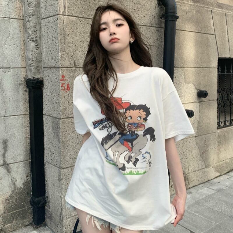 プリントホワイトTシャツ ラウンドネックルーズサマートップス 夏物 Oネック YY-ファッション26515630361