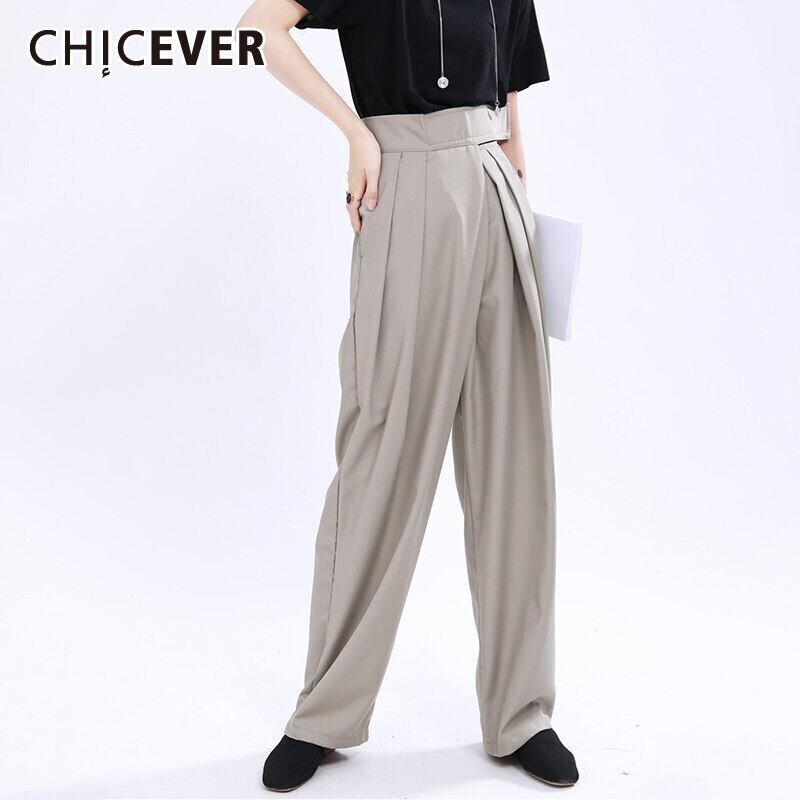 CHICEVERプリーツパンツレディースウエストパッチワークレースアップポケットワイドレッグパンツ2020タイド ワイドパンツ 6base556864644656