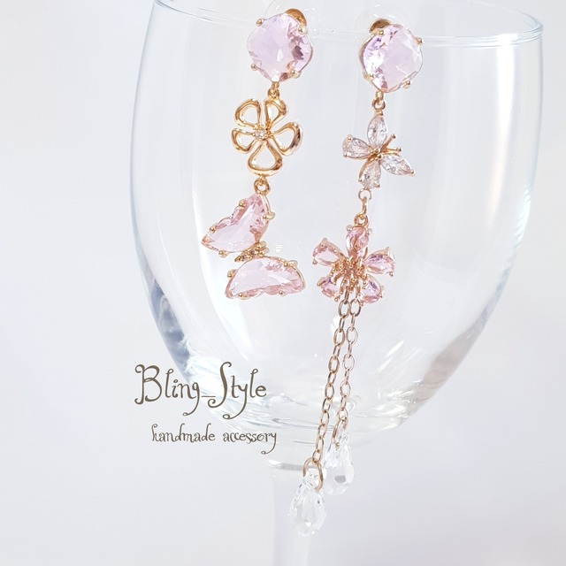 ピンク クリスタル バタフライ Cz フラワー アシメ ドロップ ピアス イヤリング Blingstyle Handmade Select Accessory