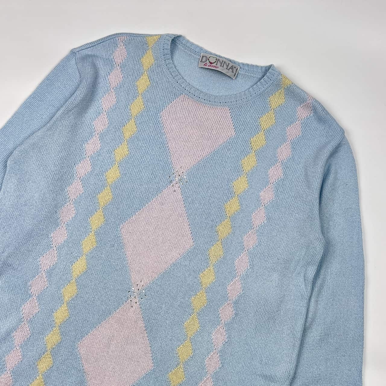 イタリア製 DONNA ti amo ドナ ティアモ ラインストーン アーガイル風 デザイン 長袖 ニット セーター /水色系 レディース
