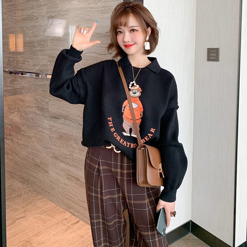 プリントニットプルオーバー カジュアルセーター オータムウィンター 秋物 冬物 ステッチ MIUCO23558919586