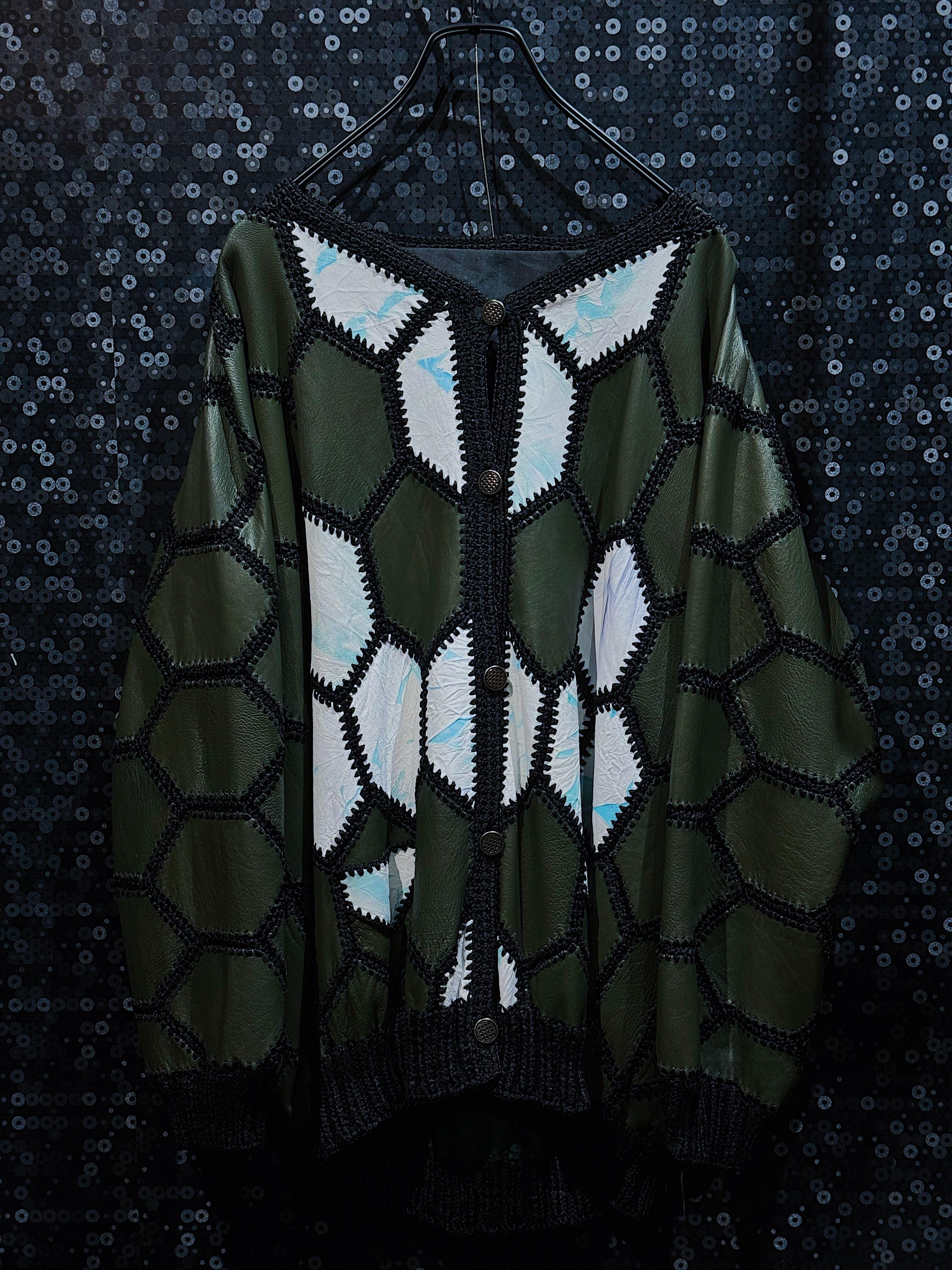 "vintage"turtle shell style design patchwork leather cardigan
