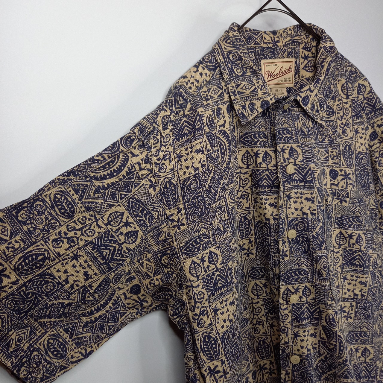 90s　ウールリッチ　総柄シャツ　半袖　ネイティブ　ネイビー　M