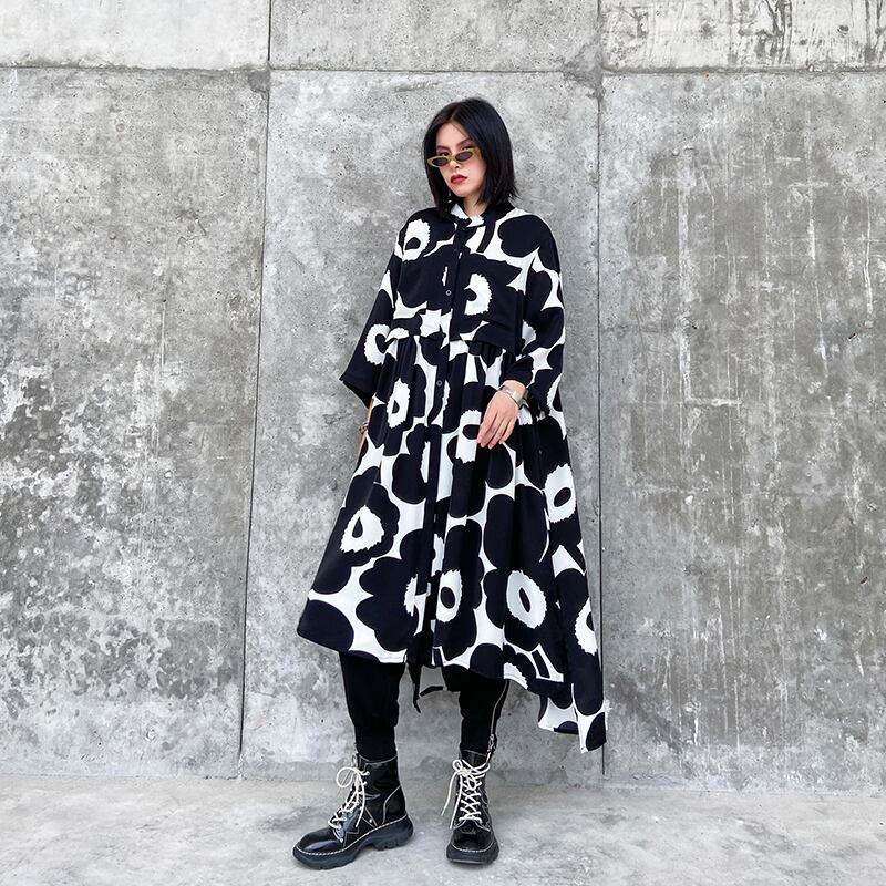 プリントシフォンドレス サマー薄手シャツ ロングスカート 大きめサイズ 夏物 ラブタオタオダレンハウス56237180660