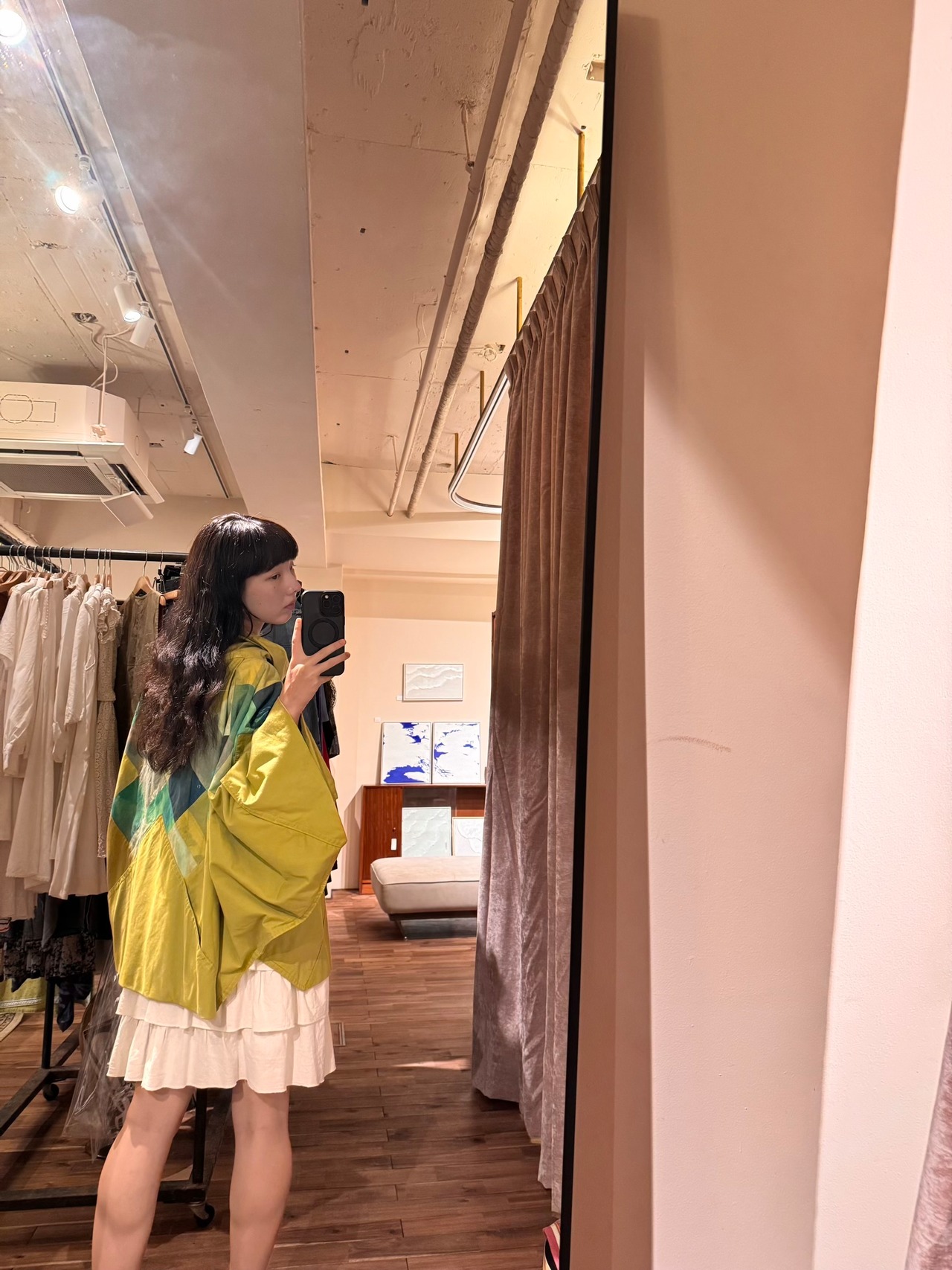 de Vlinder ハンドプリンテッドグリーンパッチワークポンチョ