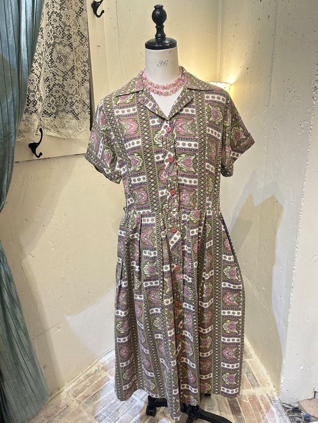 50's moss green×pink  dress