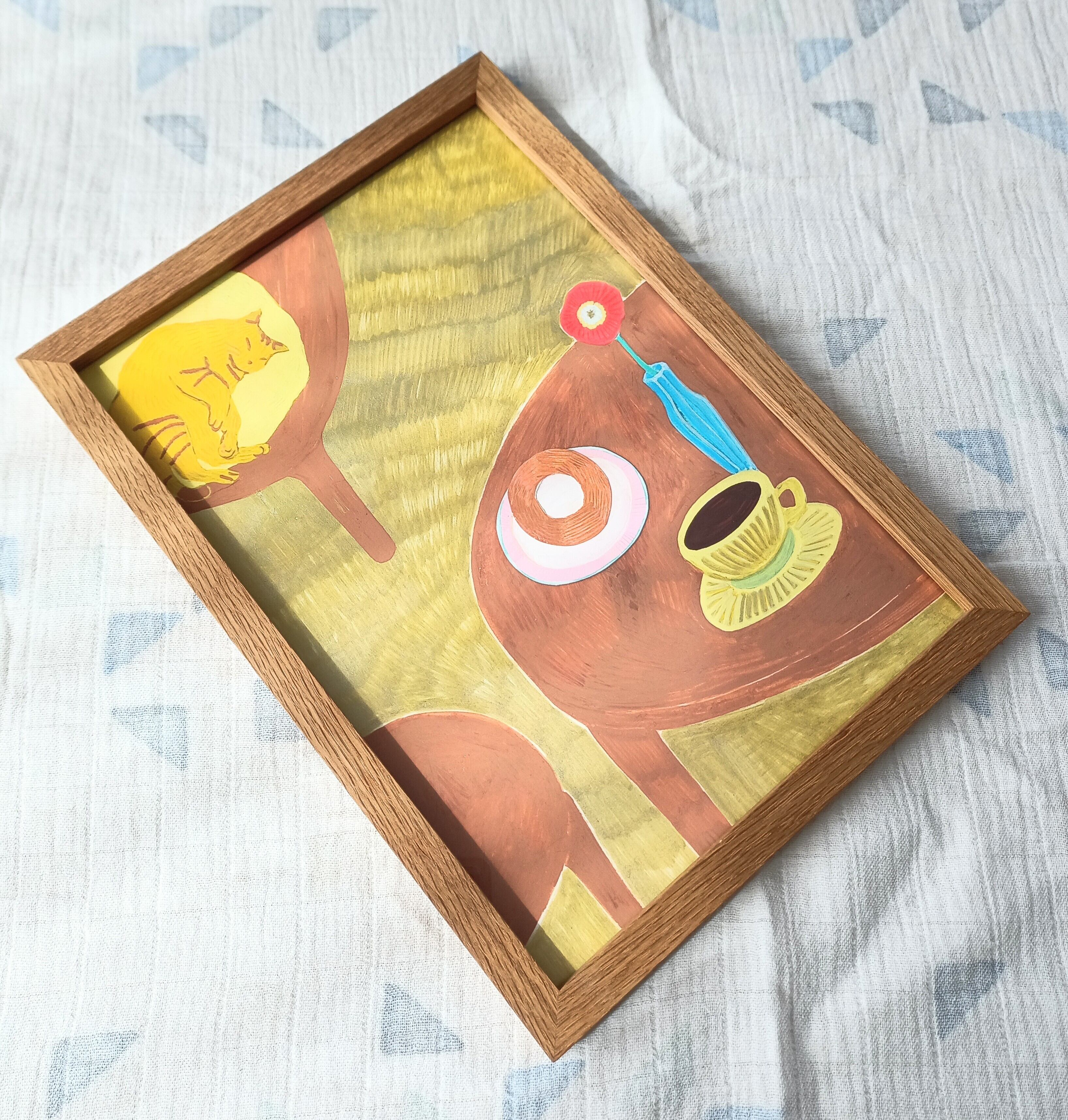 イラストレーション「日々のこと」 木製額　紐付き　猫　猫イラスト　ねこ