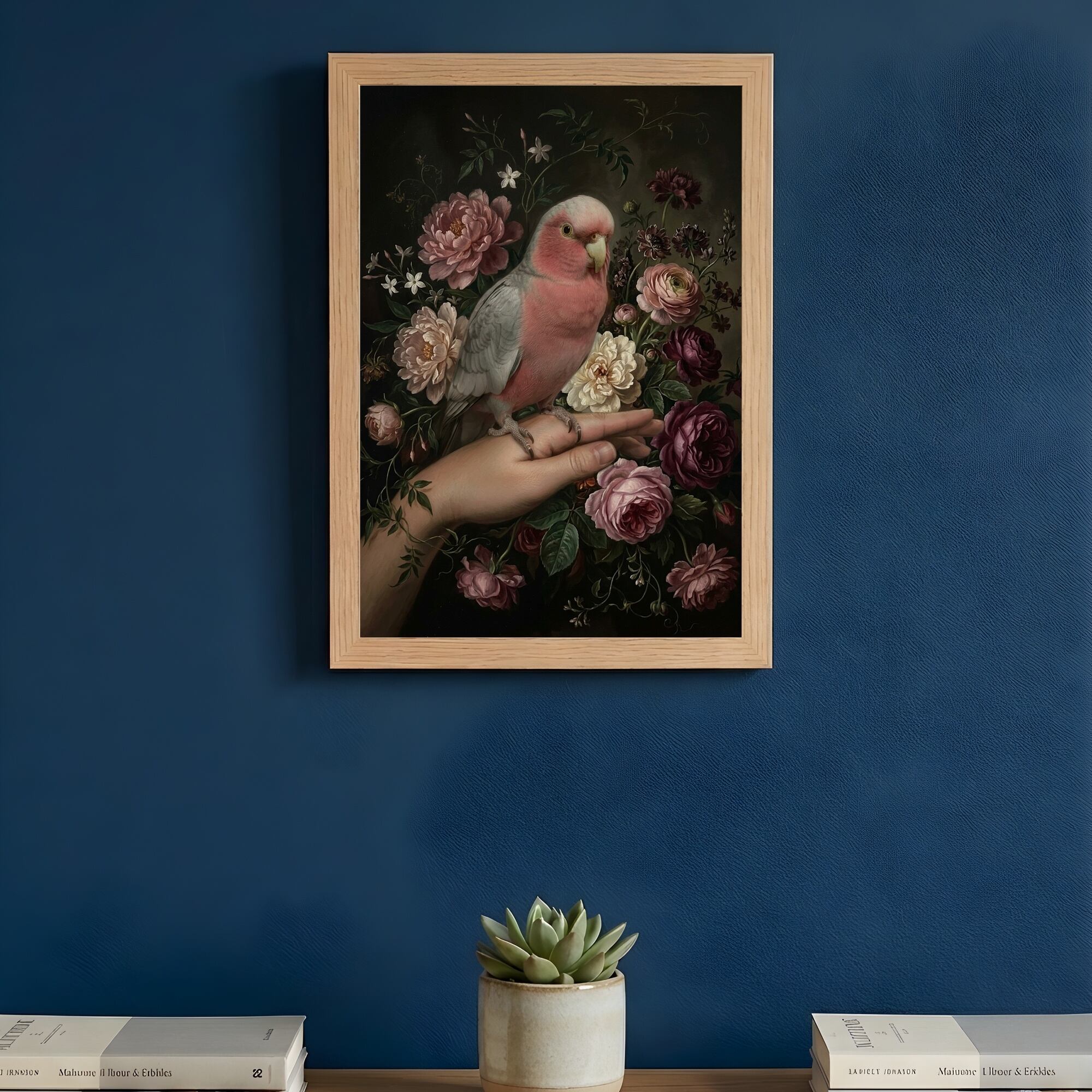 インコ（モモイロインコ）の花に囲まれた油絵風アート A4額装