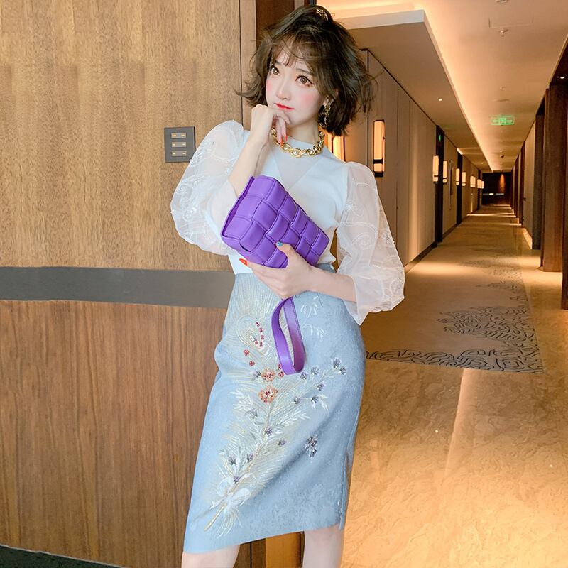 ジャカードパターンウェストスリムスカート オータム レッド 刺繍 秋物 MIUCO5340120563