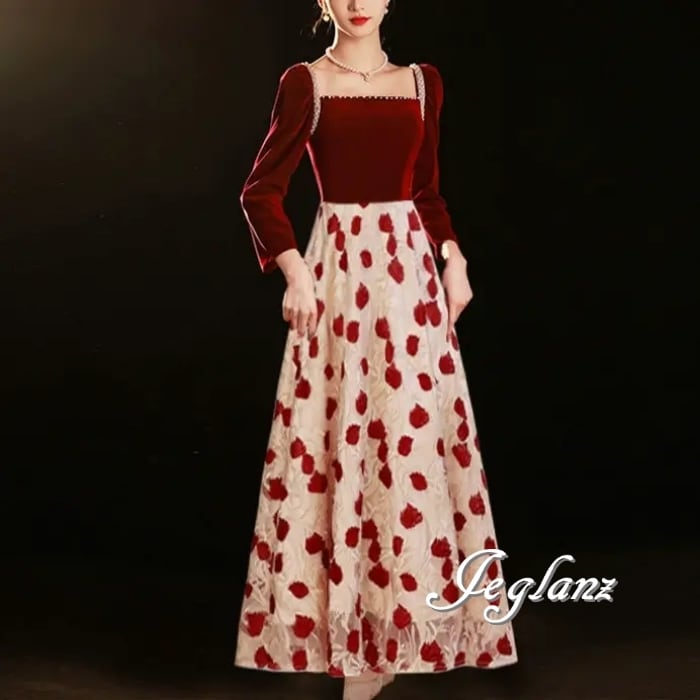 パーティ ドレス ワンピース ベルベット調 パール付き 光沢感 ミディ/ロング(MB105)η