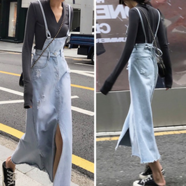 Sp1 送料無料 ウエストバックリボンスリットデニムサロペットスカート サロペット デニムスカート ジャンスカ Maile