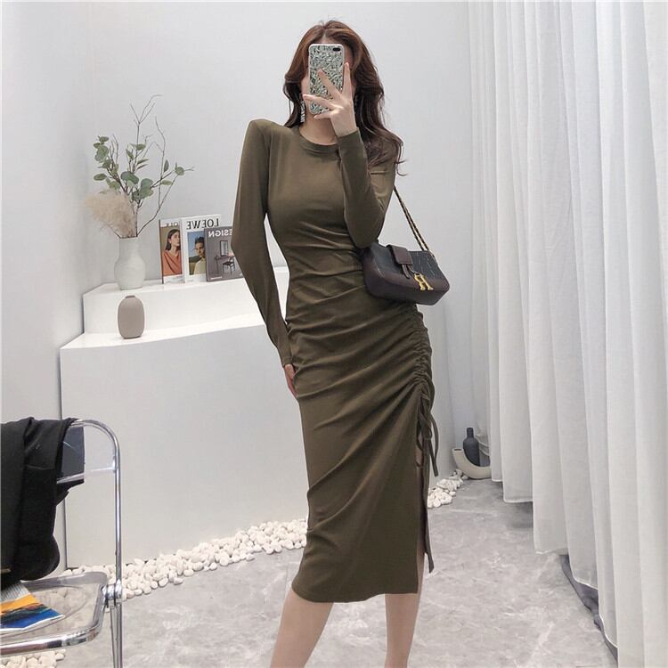 オシャレ 無地シンプル 長袖ワンピース巾着フォールドスリムスリット中・長セクション