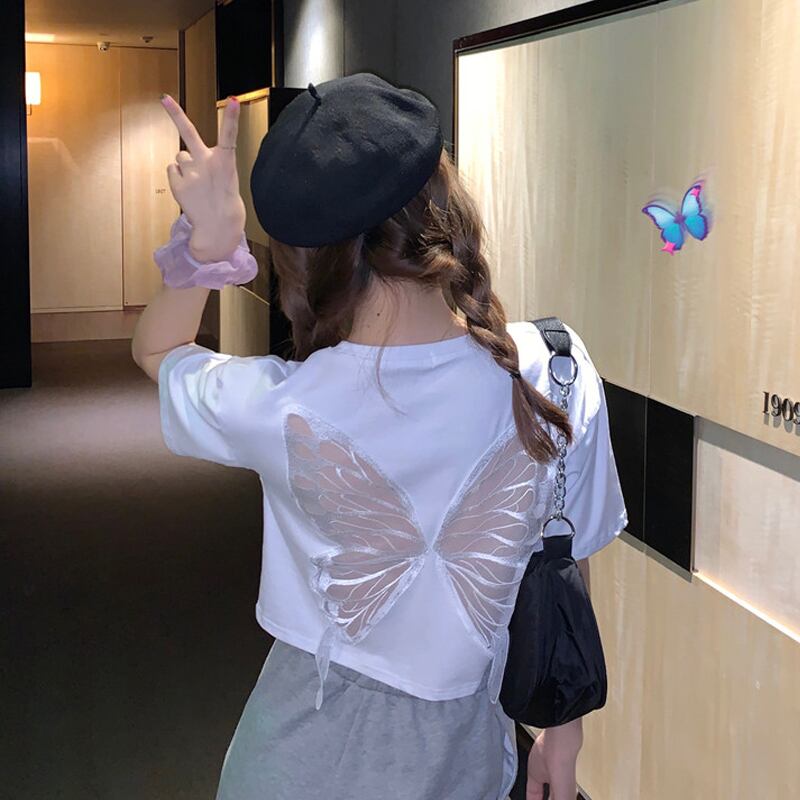 Butterflyデザイン ショートTシャツ シャツ レディーススプリングルーズホワイトトップス 春物 スーパーモール77485500868