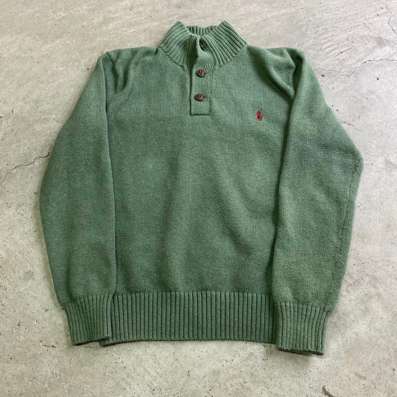 Polo Ralph Lauren ポロラルフローレン ワンポイントロゴ 刺繍 ハーフボタン コットンニットセーター メンズM相当 古着 グリーン  緑色 【ニットセーター】 | cave 古着屋【公式】古着通販サイト