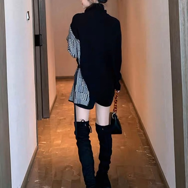 【FREE,1color】千鳥格子柄 アシンメトリー ハイネック プルオーバー a108