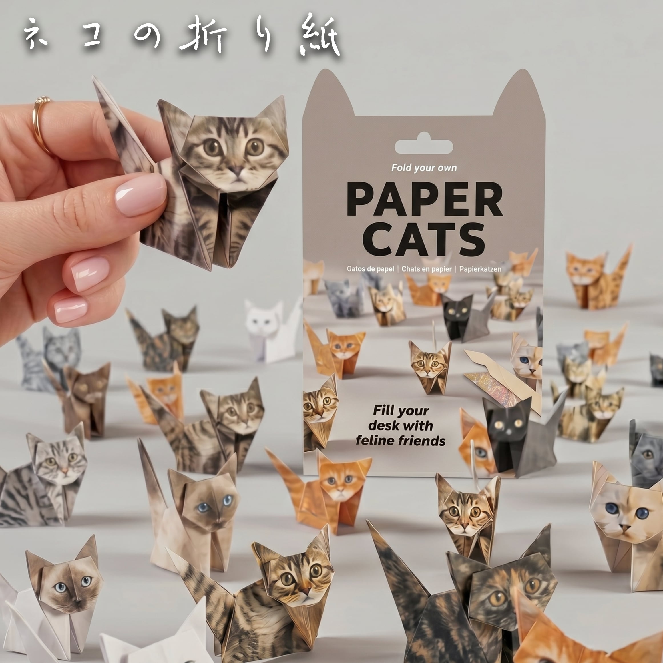【 脳トレ 】 折り紙 猫 立体 ペーパークラフト キット 『PAPER CATS』 48枚セット 幾何学模様 リアル ねこ ネコ アート 工作 知育 大人 子供 おうち時間 デスク インテリア 雑貨 猫グッズ プレゼント ギフト 図解
