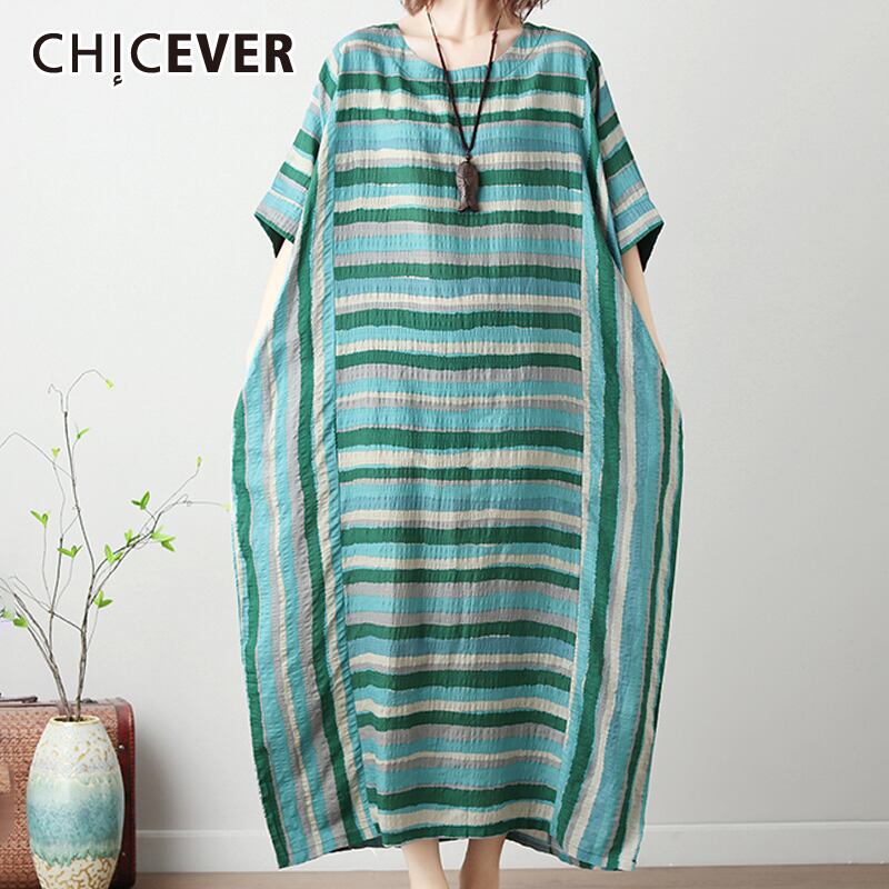 CHICEVERストライプヒットカラードレスレディースOネック半袖ルーズオーバーサイズドレス2020夏 ショート ハーフスリーブ サマー 夏物 6base562401507753