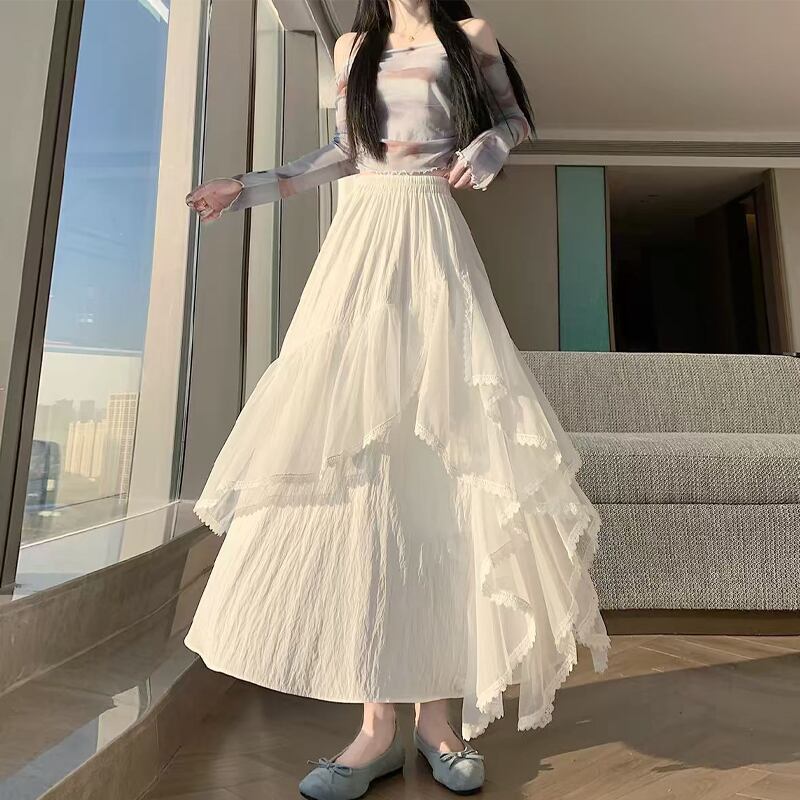 【bottoms】チュールドッキングイレヘムロングスカート Q8241