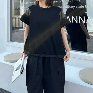 CONTRAST DRAWSTRING HEM CREW NECK T-SHIRT M-16853