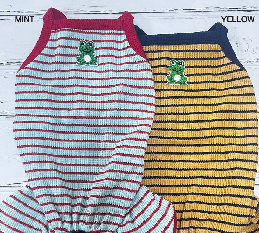frog patch striped all in one S ~ XL 2color / 犬服 ボーダー オールイン  夏 袖なし 可愛い 犬の服 ドッグウェア 韓国 ペット ワンコ服 小型犬 中型犬 猫 ロンパース ストレッチ素材 tsu47