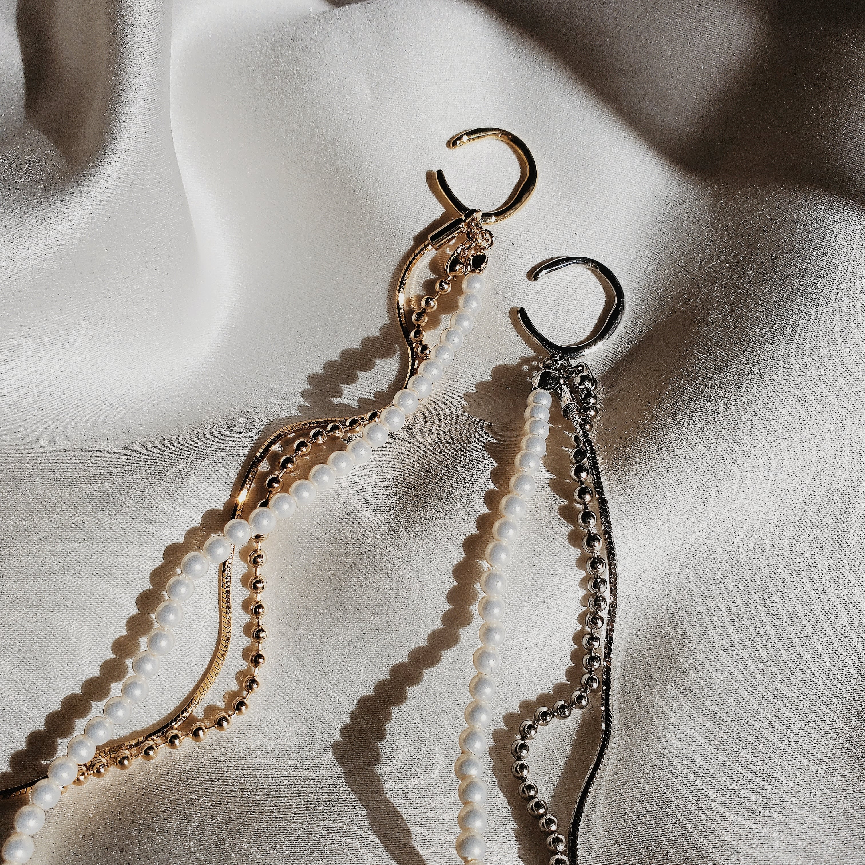 Pearl & Chain Long Earcuff パールスネークチェーンボールチェーン