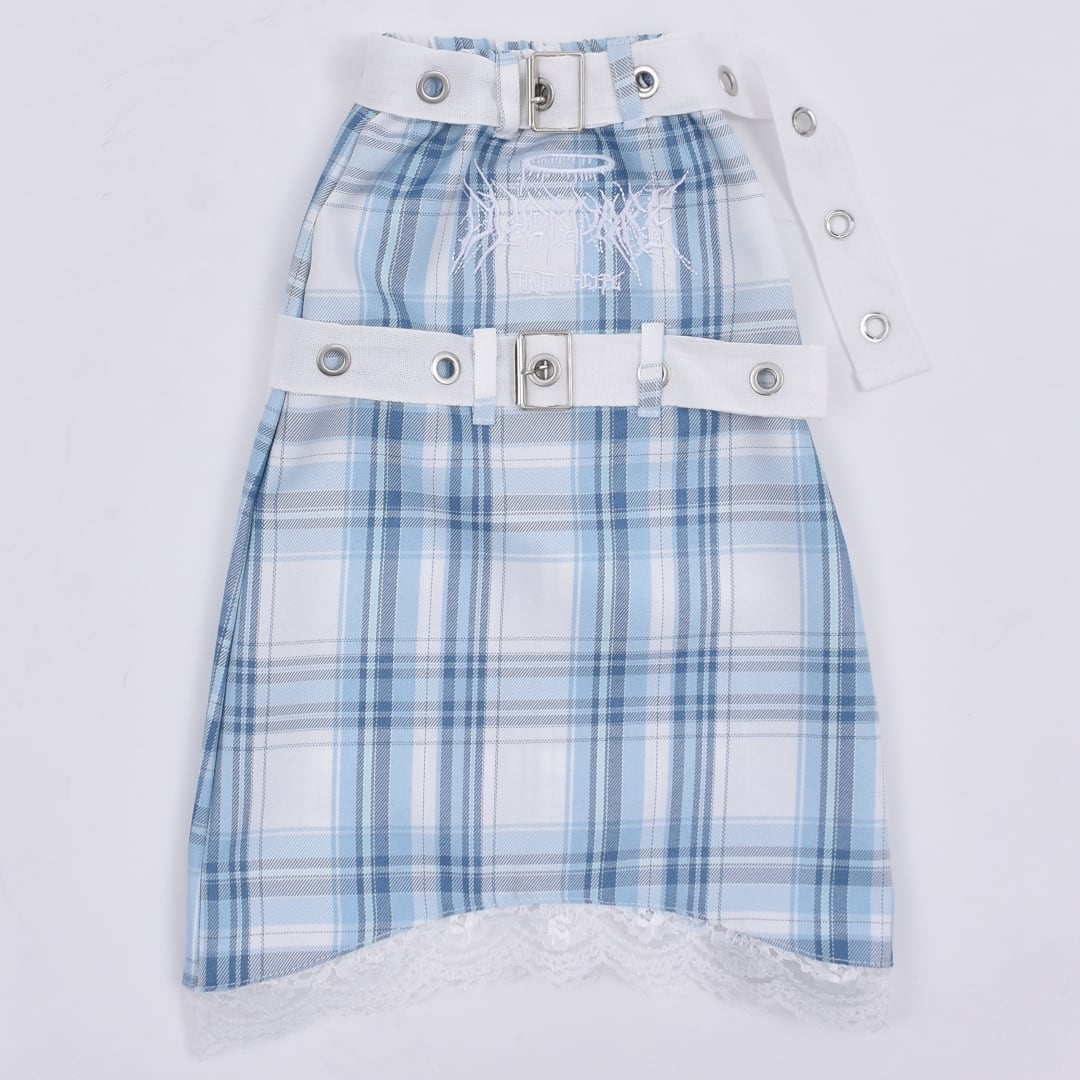 サブカル刺繍☆チェック柄レッグウォーマー(BLUE) | VOLCAN&APHRODITE