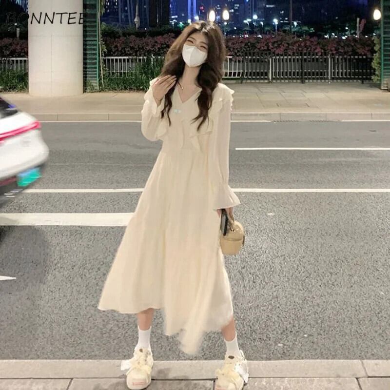 【新作】【送料無料】 ドレス女性スウィートプレッピースタイル秋内側女性韓国女子高生インエレガントな V ネックストリートソリッドソフトパーティーフリル 0218457018758