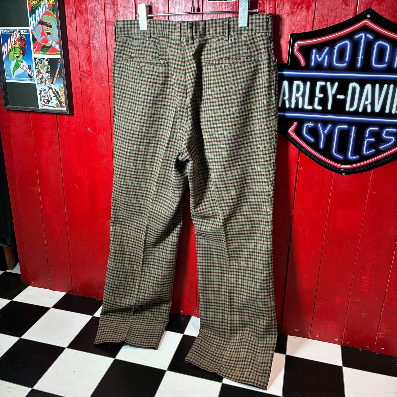 80s〜90s Vintage フレアスラックス　チェック柄　センタープレス　YKKジップ