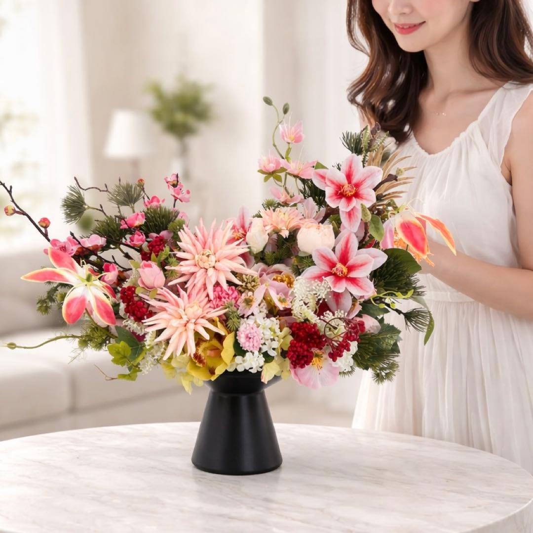 光触媒フラワー 和モダンアレンジメント Lサイズ 黒花器に咲く 木蓮と