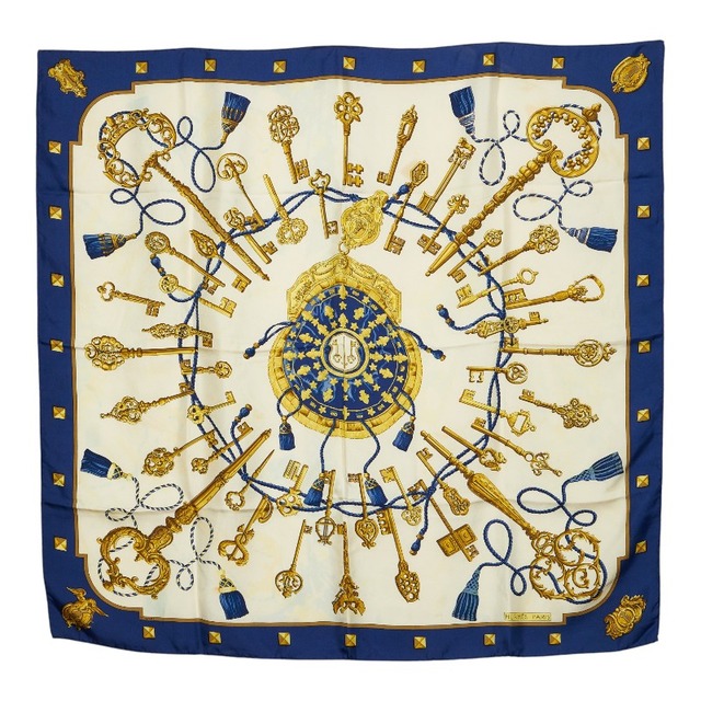 エルメス カレ90 LES CLES 鍵 スカーフ ブルー マルチカラー シルク レディース HERMES 【中古】