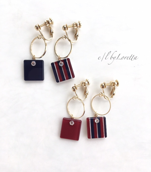 (全2色)Asymmetry square hoop stripe pierce/earring