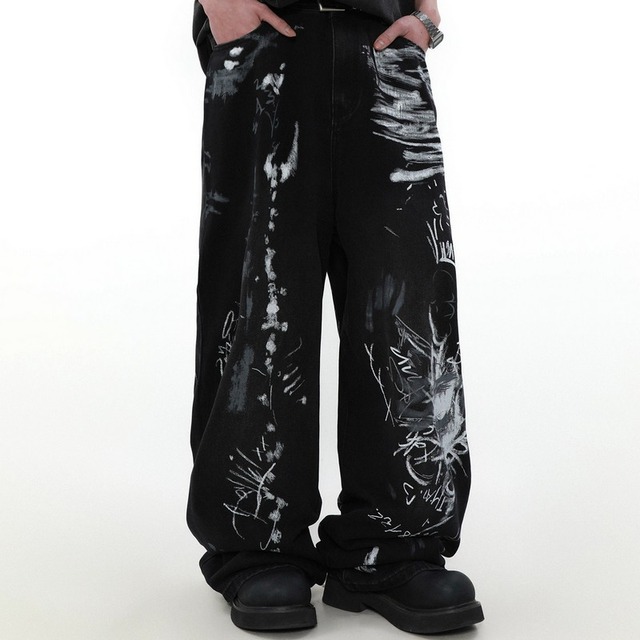 グラフィックデザイン　ストレートワイドデニムパンツ　00028