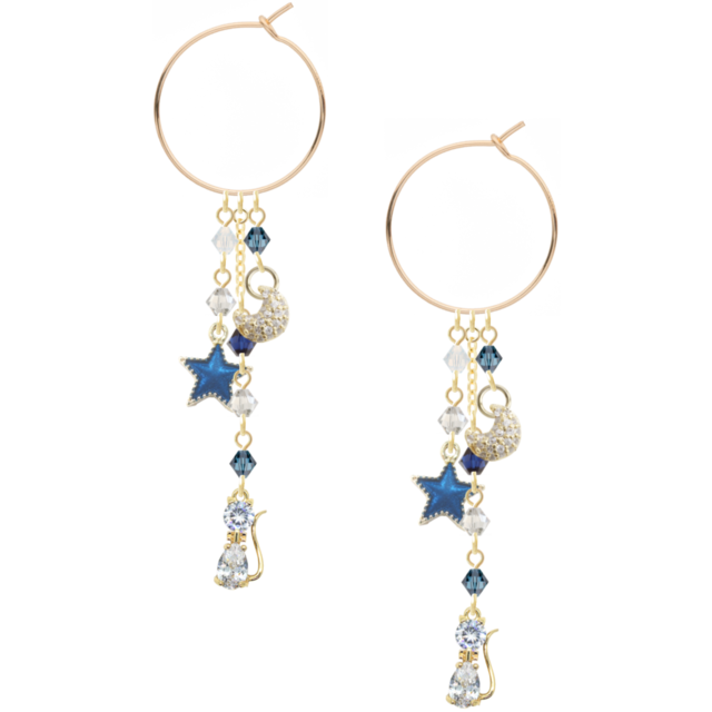月と星とねこのフープピアス｜14KGF ブルー