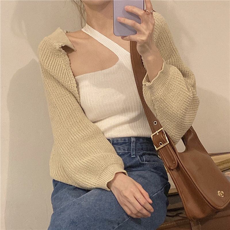 アプリコットルーズレイジーニットセータースモールカーディガンレディース初秋長袖薄手のジャケットショートアウタージャケット ブラックストロベリース73763059738