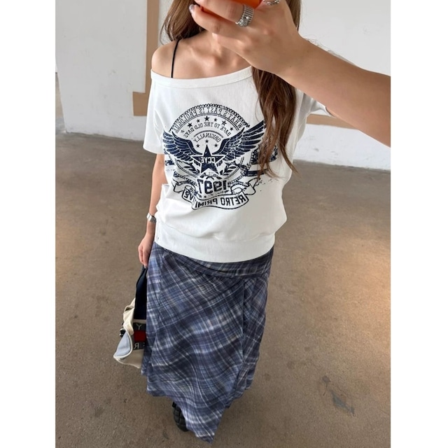 ワンショルダーレトロエンブレムグラフィックTシャツ 2col R02446