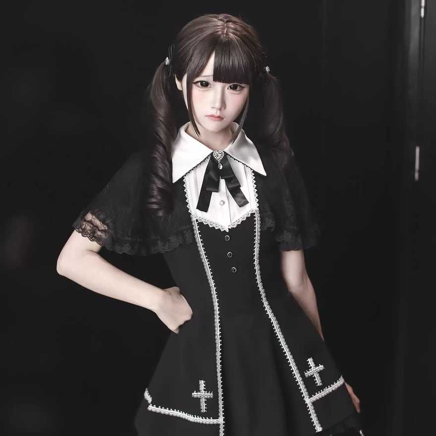 ゴスロリ ロリータ ブラック＆ホワイト レースドレスセット ロリータファッション ゴスロリ 黒×白 レースケープ風2点セット