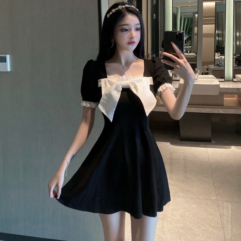 ブラックドレス スリーブレースレディース リボン 大人ガーリー スウィート キュート カジュアル ステッチ ハンチェンe79627510827