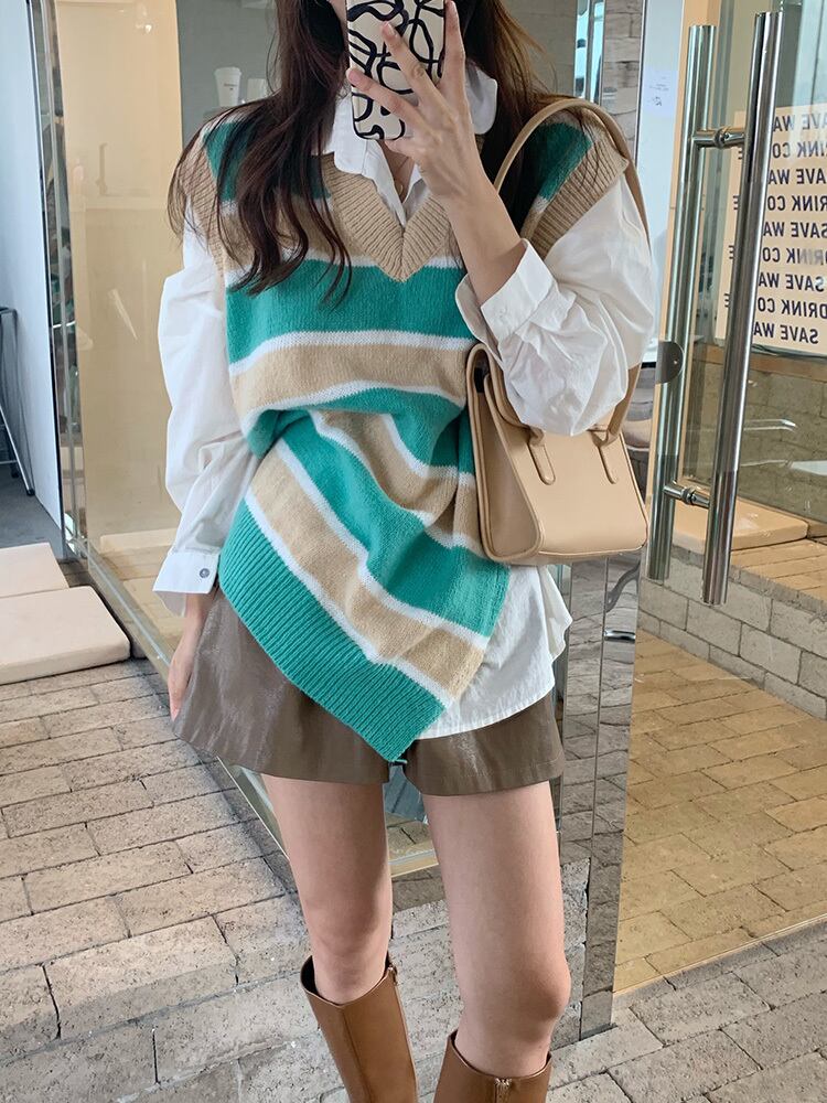 ルーズカジュアルストライプニットレディースオータムVネックノースリーブセーター 秋物 ビッグFスモールZ韓国17440815617