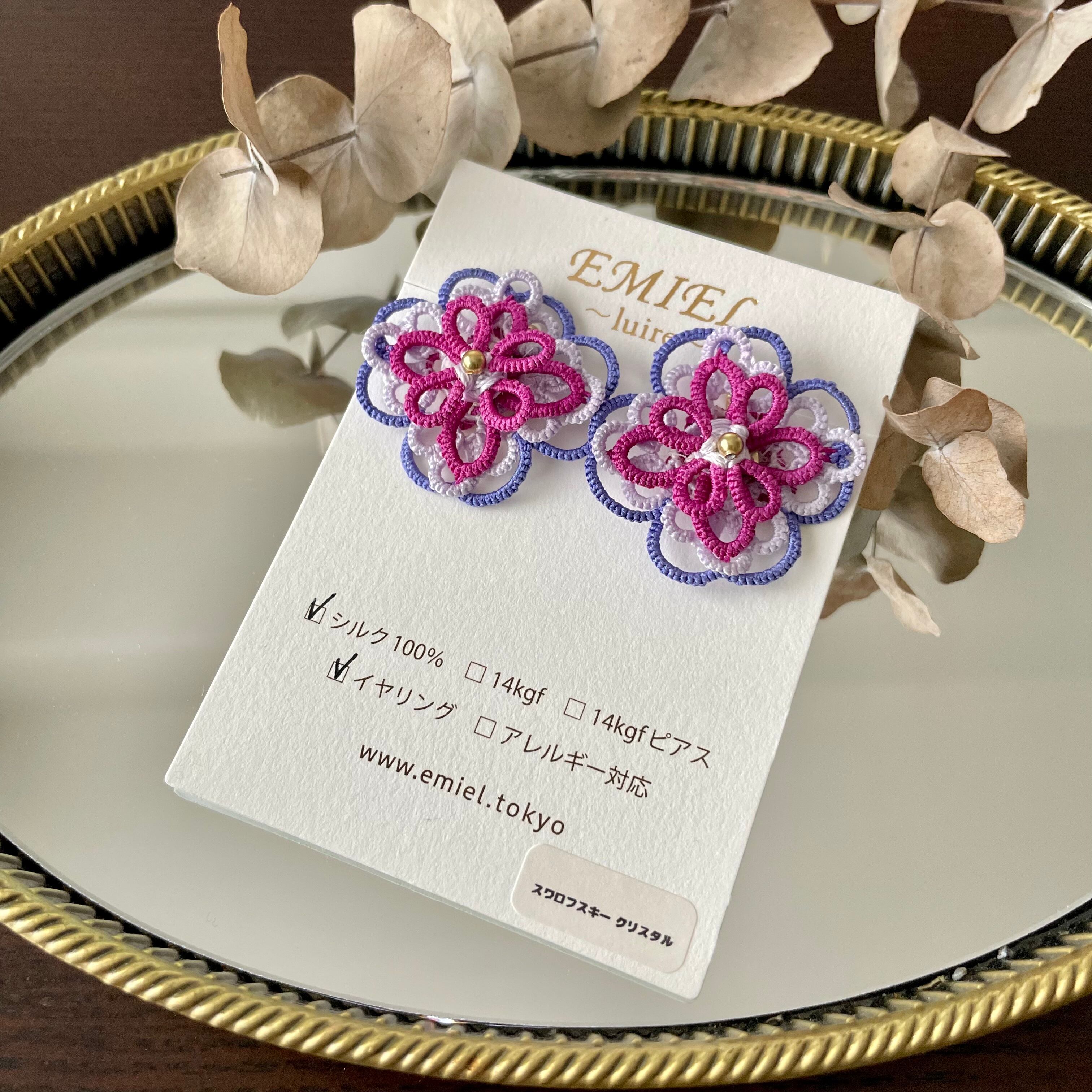 KiZuNa〜luire〜シルク糸*霞・藤鳩羽・牡丹色レースのピアス・イヤリング▶︎ 14kgf使用*国内送料無料