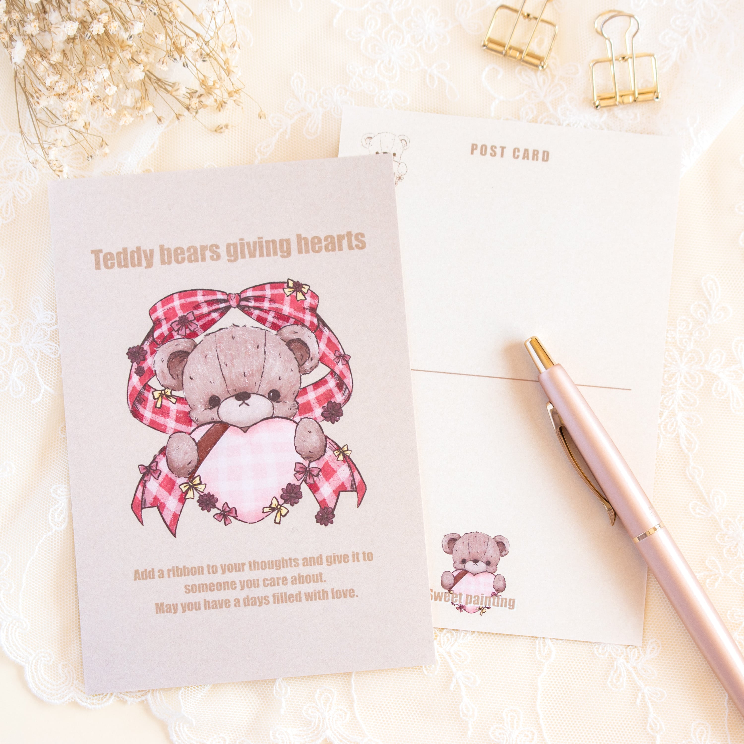 ポストカード - ハートテディベア 【Sweet painting】 | くまと女の子