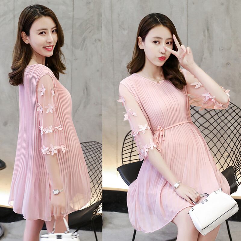【新作】【送料無料】 甘いマタニティドレス妊婦服の袖にシフォン糸フラワーラージサイズプレッシャーフォールドレディースドレス 大きめサイズ 大人ガーリー スウィート キュート カジュアル フラワーデザイン AL expec399933841921